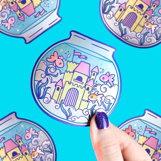 Discover Goldfish Castle Cute Fish Bowl Holographic Vinyl Sticker