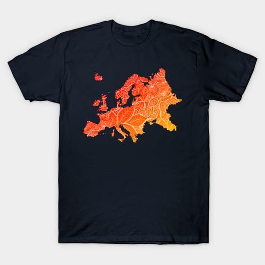 Discover Colorful mandala art map of Europe with text in red and orange - Europe - T-Shirt