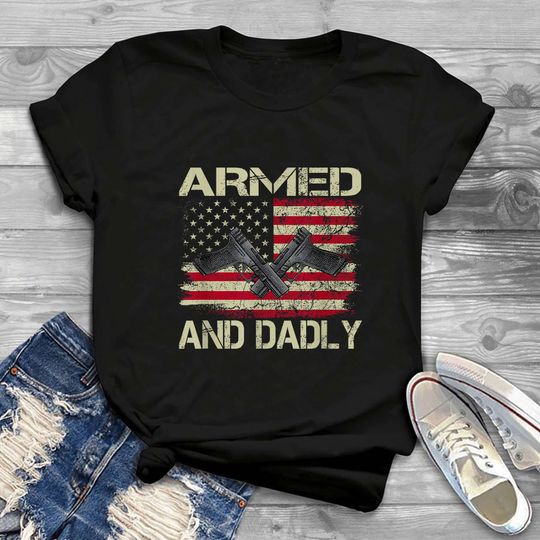 Discover Vintage American Flag Armed And Dadly T-Shirt Mens, Armed Dad Pun Shirt, Funny Deadly Father For Father's Day Shirt, Armed Deadly Dad Shirt