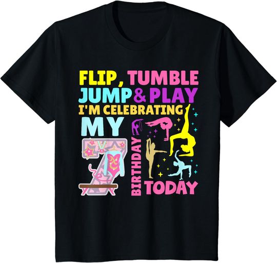 Discover Kids Little Gymnast Girl 7th Birthday Gymnastics Themed Party T-Shirt