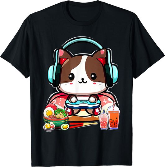 Discover Anime Boba Tea Bubble Tea Gaming Gamer Ramen Cat T-Shirt