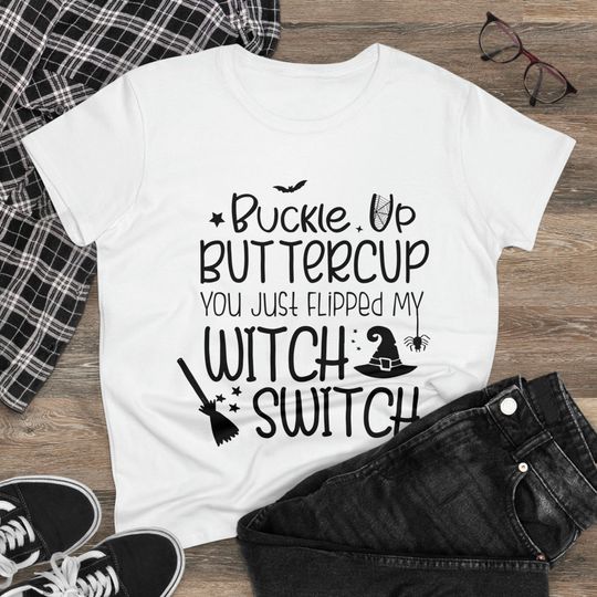 Discover Women's Funny Halloween Cotton Tee | Buckle Up Buttercup