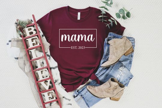 Discover Custom Mama EST 2023 Shirt, Announcement Tee, Pregnancy Shirt, Mama Tee