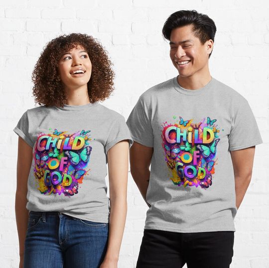 Discover Eye-Catching Bible Verse Child of God Text Vibrant Colour and Butterflies T-Shirt