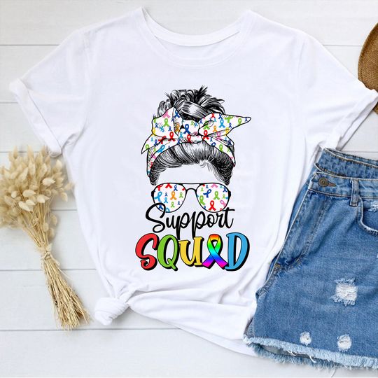 Discover Support Squad Shirt, Fight Cancer In All Colors Shirt, Messy Bun Cancer Awareness Shirt