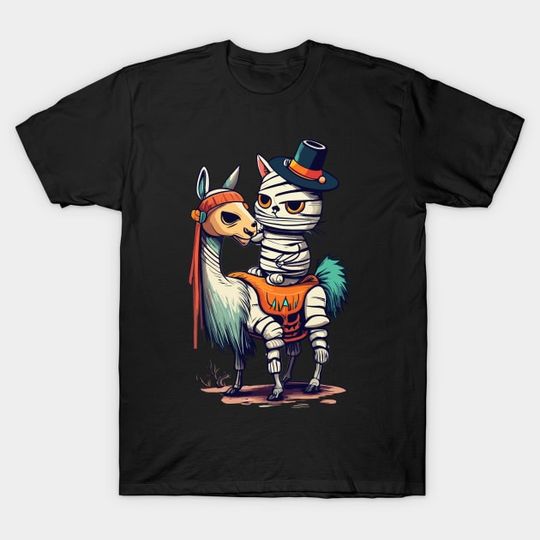 Discover Halloween Mummy Cat Riding Lama - Halloween Cat - T-Shirt