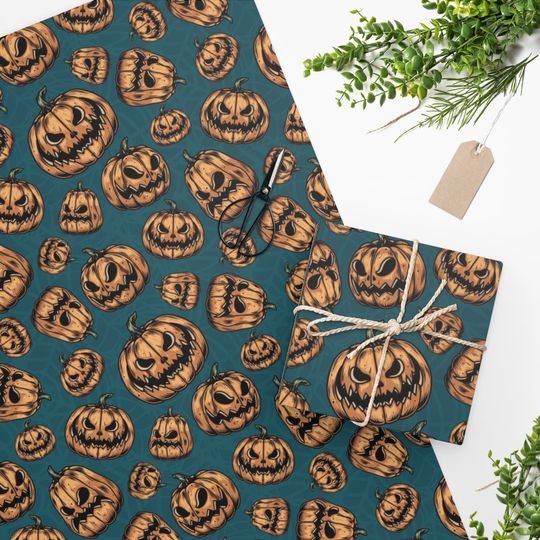 Discover Halloween Pumpkins Wrapping Paper, Two Sizes, Sustainably Sourced, Party Supplies, Anniversary Birthday Gift Wrap