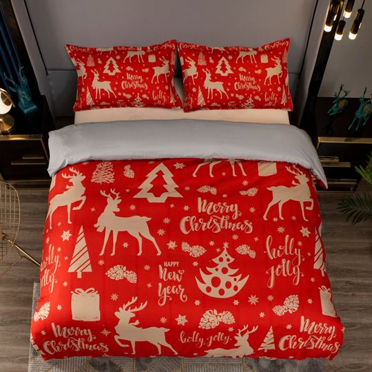 Discover 3D Christmas Duvet Covers Set, Deer Quilt Cover, Gift Bedding Set, Pine Tree Doona Cover, Red King bedding