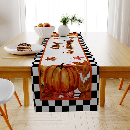 Discover Thanksgiving Table Runner, Geometric square Pumpkin Autumn Table Runner
