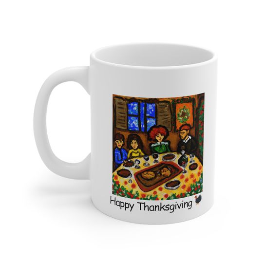 Discover Thanksgiving Mug by: Harvestus Funeralis - Sitting down to Thanksgiving Dinner Scene
