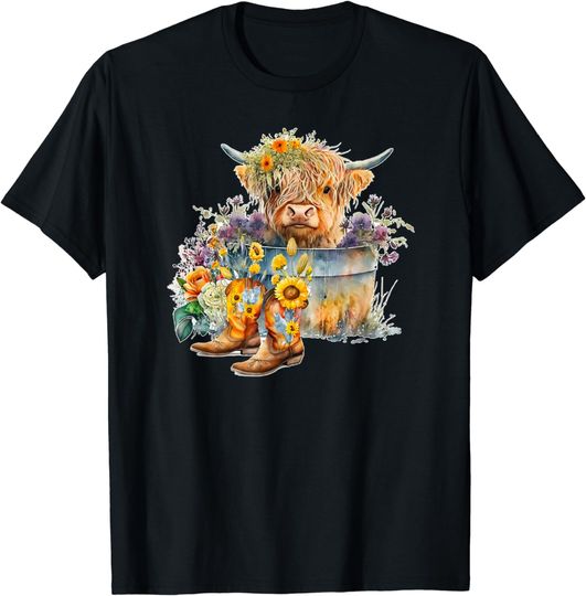 Discover Scottish Highland Cow Cattle Farm Hairy Cowgirl Flower Woman T-Shirt