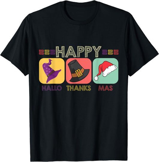 Discover Happy HalloThanksMas Holiday Hats Halloween and Christmas T-Shirt