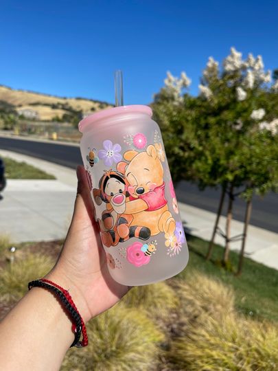 Discover Pooh and Friends  glass tumbler, pink acrylic lid