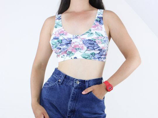 Discover Vintage 90's floral athletic top, sports bra, L.A. Sport, blue & pink floral on cream