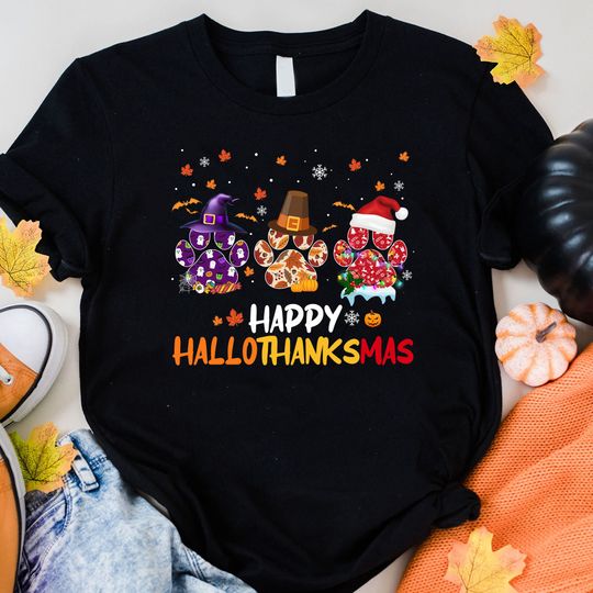 Discover Happy HalloThanksMas Shirt, Halloween Thanksgiving Christmas Dog Shirt
