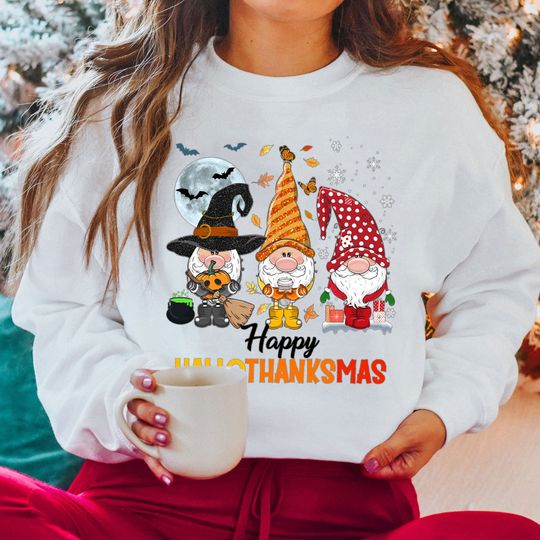 Discover Happy Hallowthanksmas Gnomes Sweatshirt, Thanksgiving Sweat