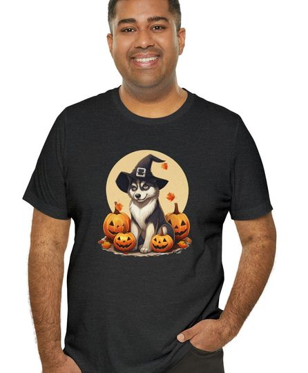 Discover Siberian Husky wearing a witches hat with pumpkins