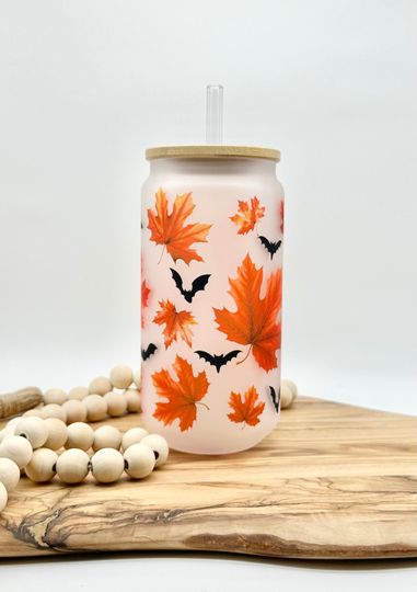 Discover 18oz Halloween Frosted Glass Tumbler, Bats and Leaves Frosted Glass Can