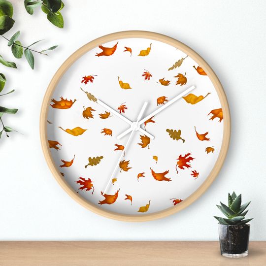 Discover Wall Clock, Fall leaves, Round, Watercolor Print, Fall decor