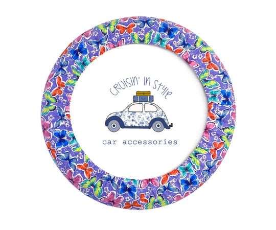 Discover Butterflies on Purple Steering Wheel Cover with Gripper Fabric