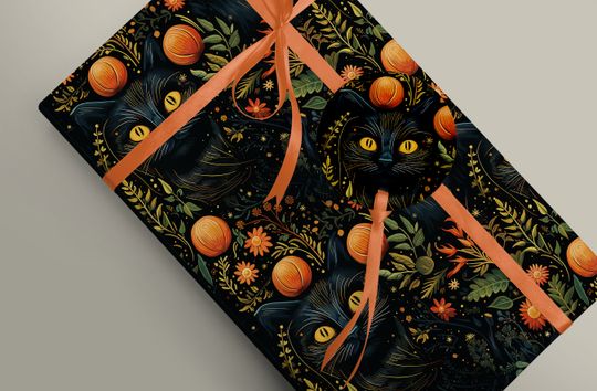 Discover Handcrafted Autumn-Inspired Black Cat Wrapping Paper - Unique and Festive, Witchcraft, Cottagecore Gift Wrap Paper