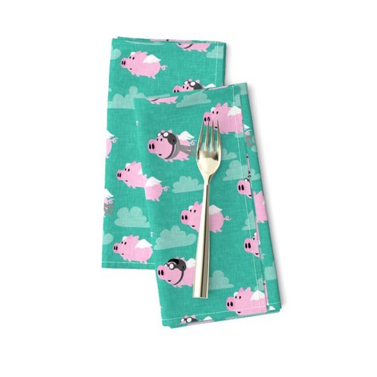 Discover Teal Dinner Napkins (Set of 2) - Flying Pigs - Teal With Grey Scarf by littlearrowdesign - Funny Piggies Cloth Napkins by Spoonflower