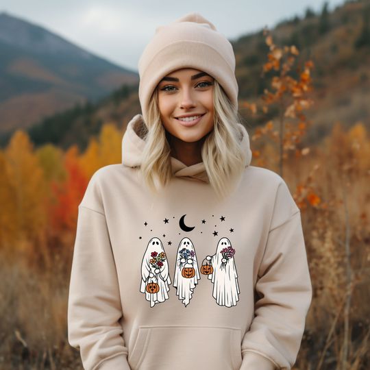 Discover Flower Holding Ghost Hoodie, Gift For Halloween, Pumpkin Face Hoodie