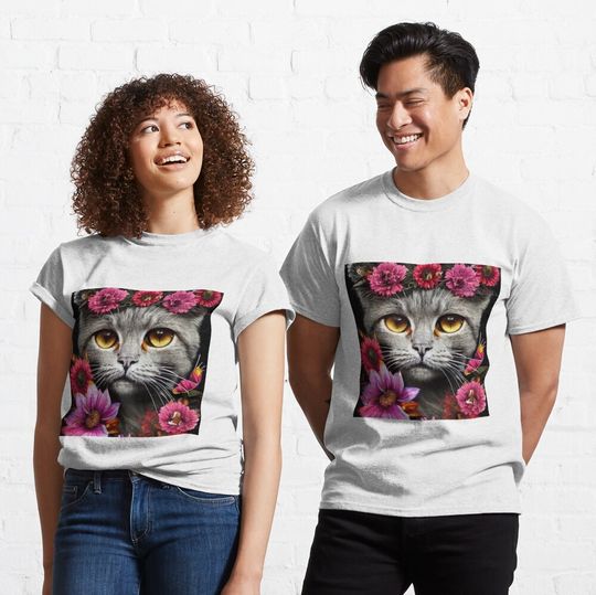 Discover Floral Cat Classic T-Shirt , Animal Lover Tee