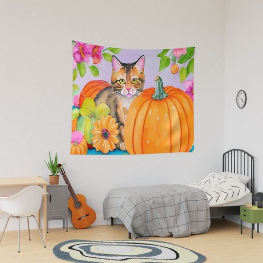 Discover Vintage Cute Thanksgiving Cat Pumpkin & Floral Tapestry