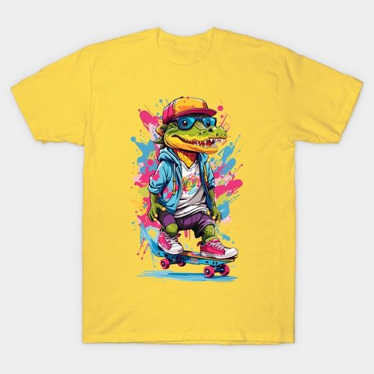Discover Cruisin' Crocodile: A Vibrant Burst of Skateboarding Thrills T-Shirt