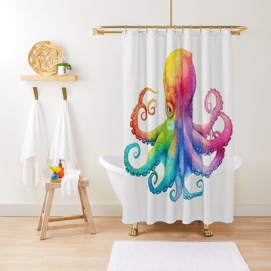 Discover Minimalist of Rainbow Octopus Shower Curtain