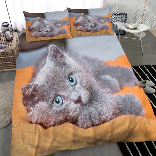 Discover 3D Printed Cute Grey Kitten Bedding Set