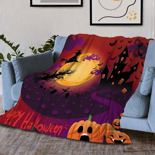 Discover Halloween-Themed Blanket with Pumpkin, Bat, and Spider Designs