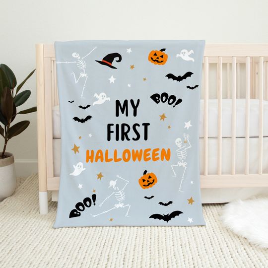 Discover My First Halloween Baby Blanket, Blue Spooky Fleece Blanket, Baby Gift Fall, Cute Pumpkin Ghost