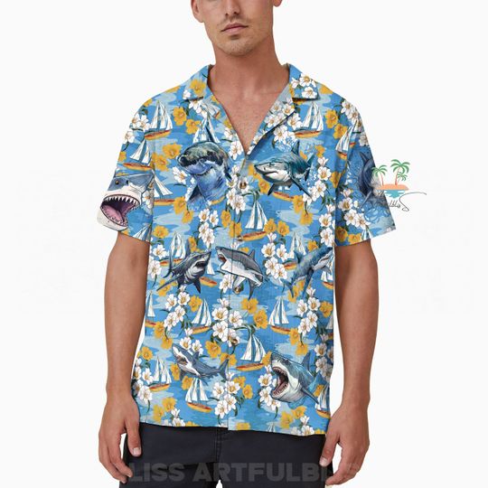 Discover Shark Blue Hawaiian Shirt, Tropical Beach Vibes Hawaii Shirt