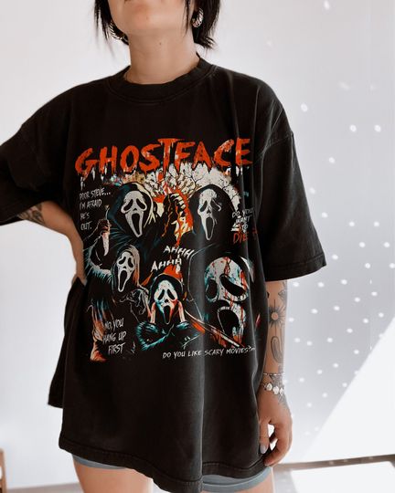 Discover Ghostface Shirt  Scream Shirt Scary Movie Ghost Face Classic Horror Movie 90s Halloween Party Gift American Slasher Film Tee