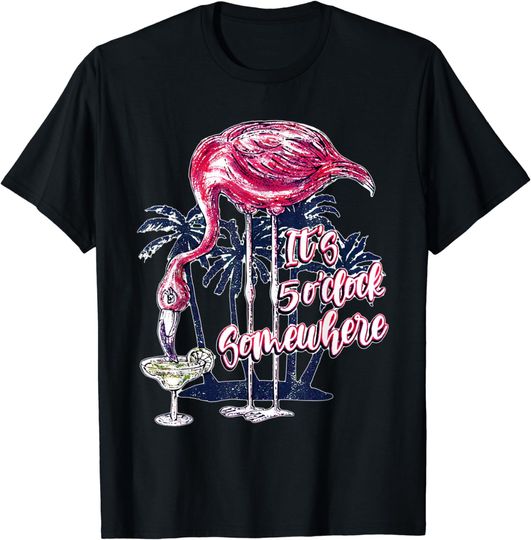 Discover Flamingo It's 5 O'Clock Somewhere Drinking Margarita T-Shirt