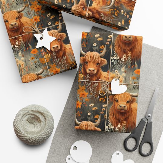 Discover Highland Cow Wrapping Paper Christmas Present Illustrated Xmas Gift Wrap Cute Cows Floral Birthday Holiday Farm Animals