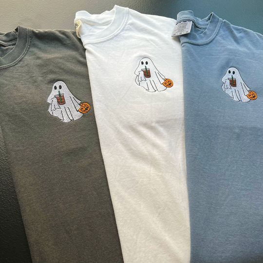 Discover Embroidered Ghost Shirt, Embroidered Ghost with Iced Coffee