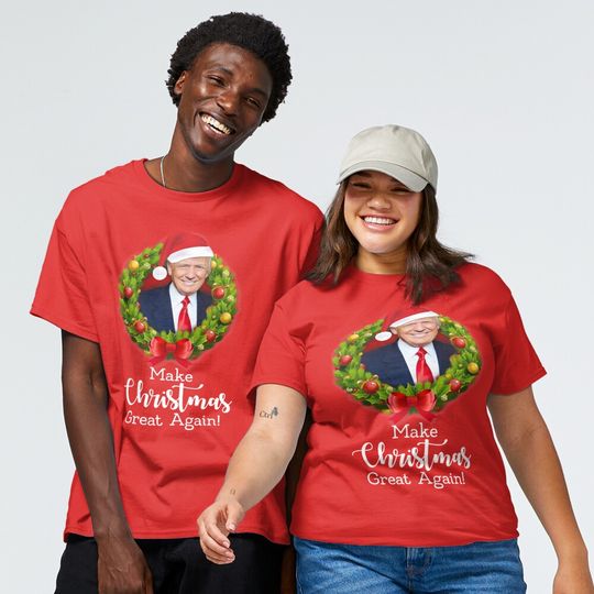 Discover Make Christmas Great Again with Trump on red background   T-Shirt