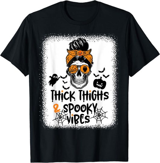 Discover Thick Thighs and Spooky Vibes Messy Bun Girl Funny Halloween T-Shirt