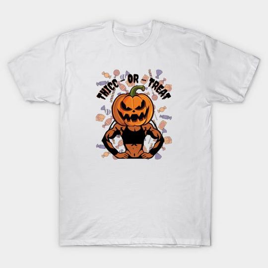 Discover Thicc or treat, funny halloween pumpkin, bodybuilder, halloween gym shirt