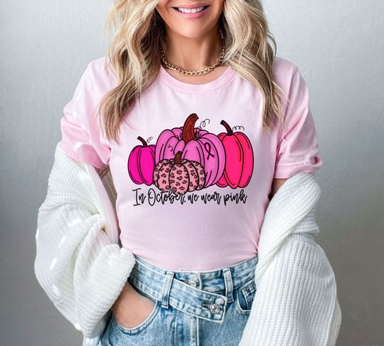 Discover In October We Wear Pink Shirt, Pink Pumpkin T-Shirt, Breast Cancer Tee, Gift For Halloween
