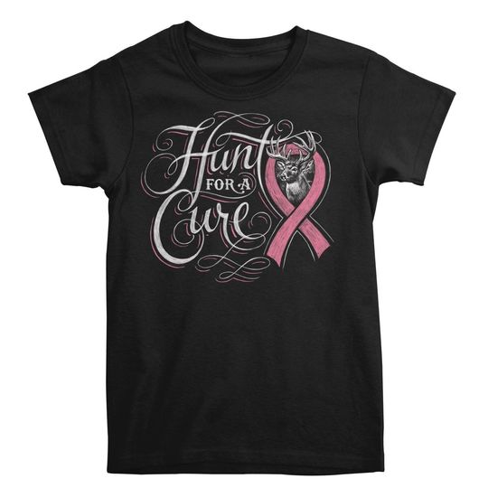 Discover Breast Cancer Ribbon Awareness T-Shirt, Hunt For Cure Black Pink Buck Wear T-Shirt