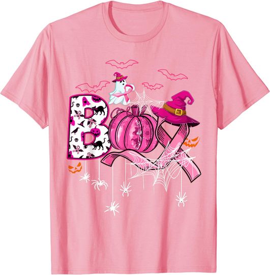 Discover Boo Halloween Pumpkin Pink Ribbon Witch Breast Cancer T-Shirt