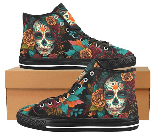Discover Vancouver High Top Canvas Women's Shoes La Catrina Sugar Skull Chicano Calavera Mexico Mexican Dia De Los Muertos Flowers