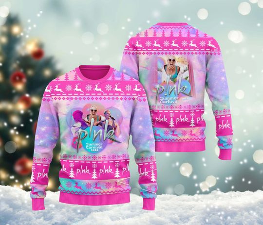 Discover Pink Summer Carnival 2023 Tour Ugly Xmas Sweater, Trustfall Album All Over Print Sweater, Pink Singer Sweatshirt