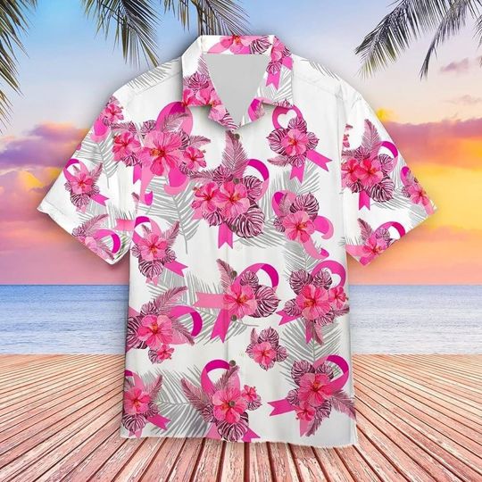 Discover Breast Cancer Awareness Tropical Pink Hawaiian Shirt, Leaves Tropical Flower