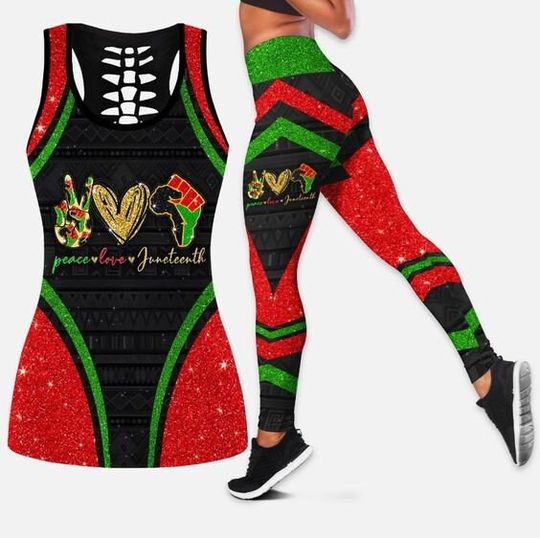 Discover African Gift Woman Black Pride Juneteenth Flag Peace Love Hollow Tanktop Leggings Set