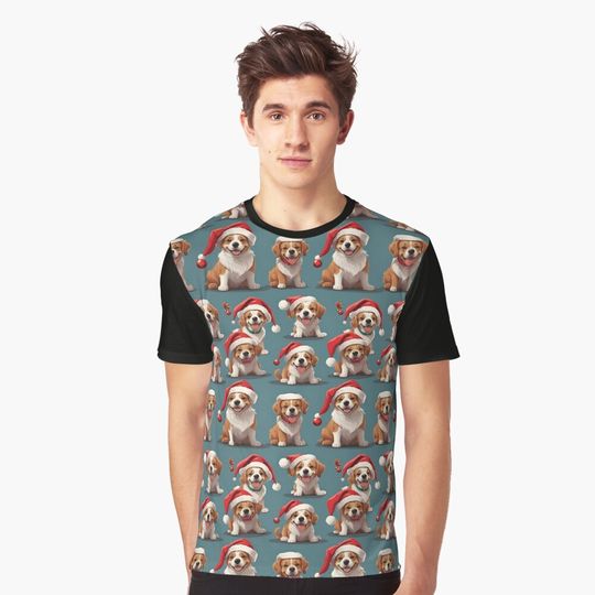 Discover Xmas Doggos, Dogs in Santa Hats - Christmas Pattern  Graphic T-Shirt